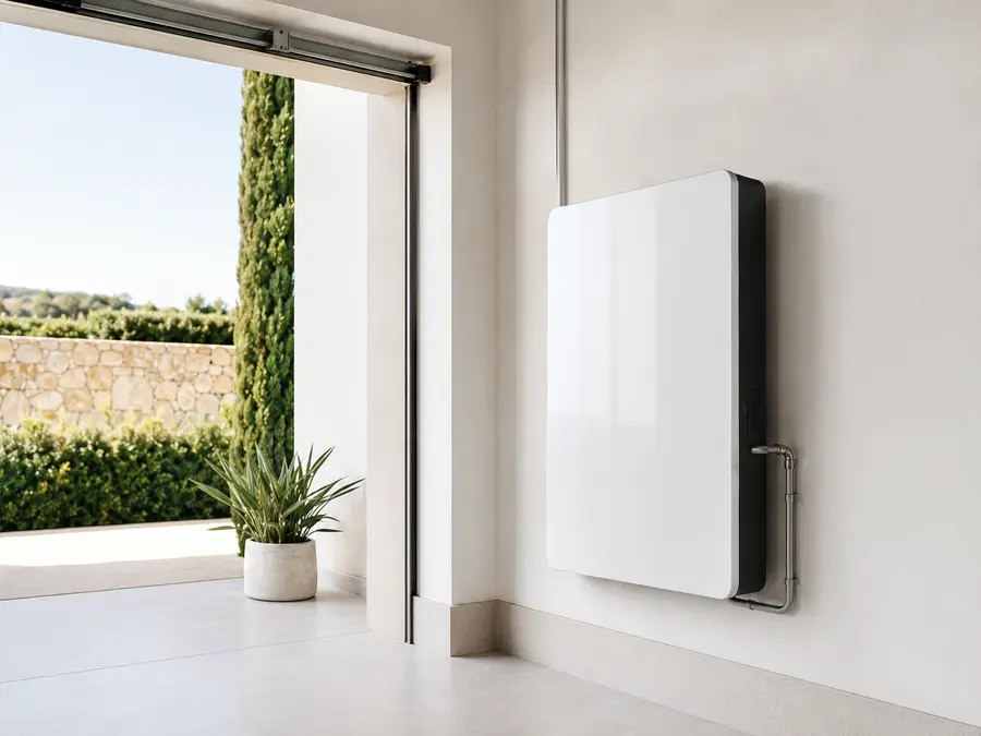 Wall-mounted home battery in a villa garage