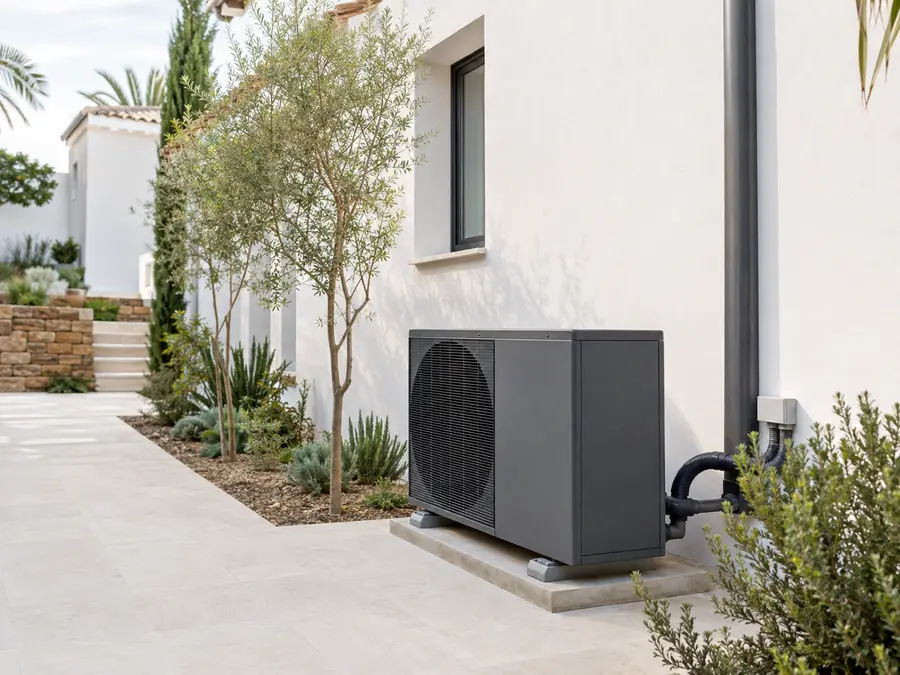 Pool heat pump beside a villa pool